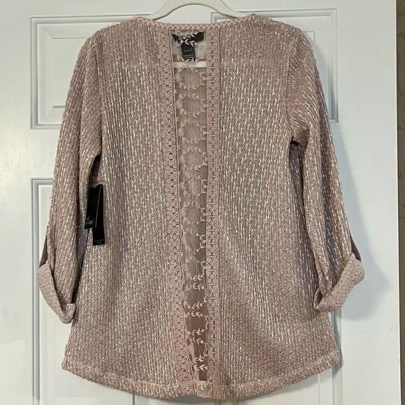 NWT Ali Miles Sparkle Blush 3/4 Sleeve Embroidered Sweater Sheer Back Small - Picture 2 of 14